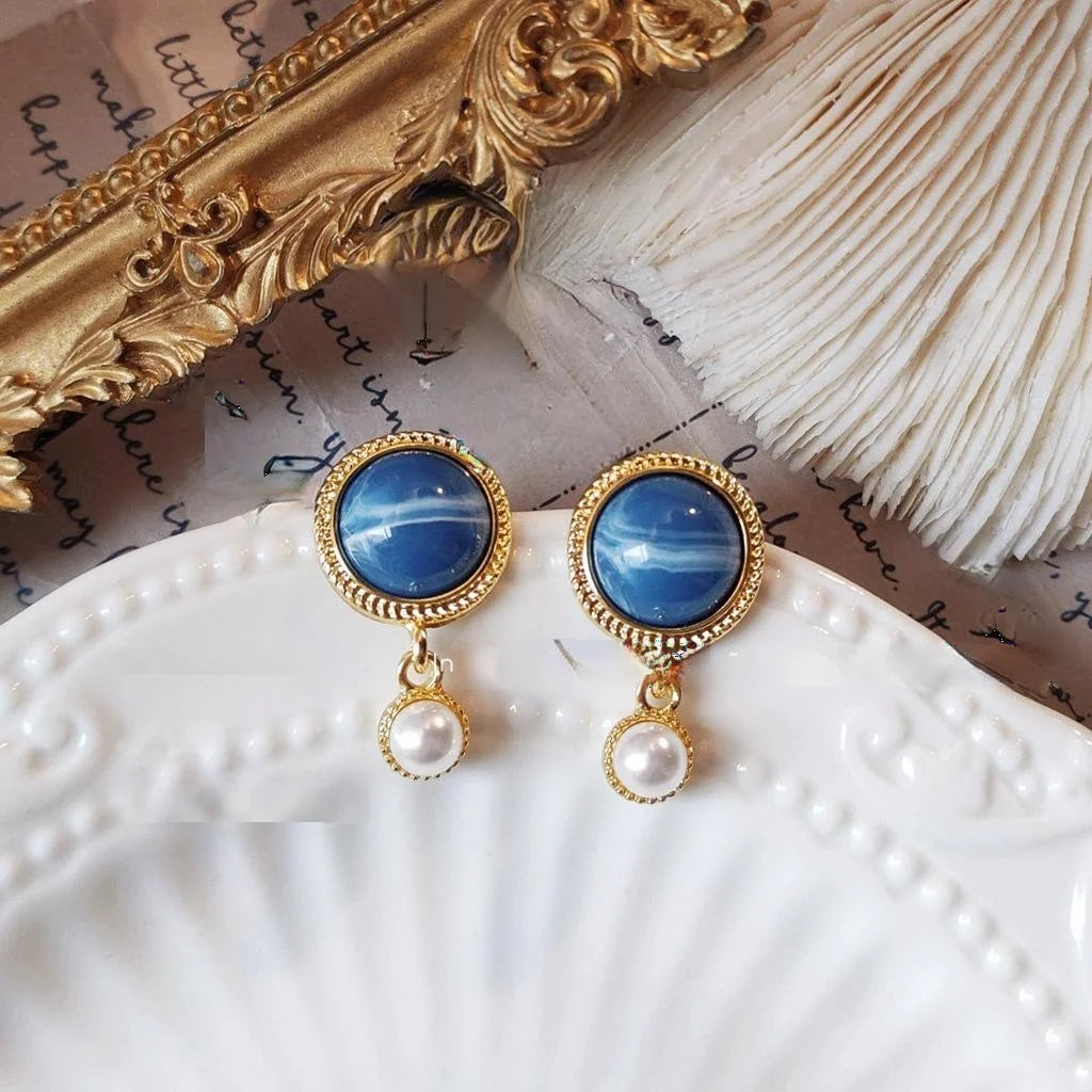 French Vintage 14K Plated Copper Pearl Geometric Round Drop Earrings For Women