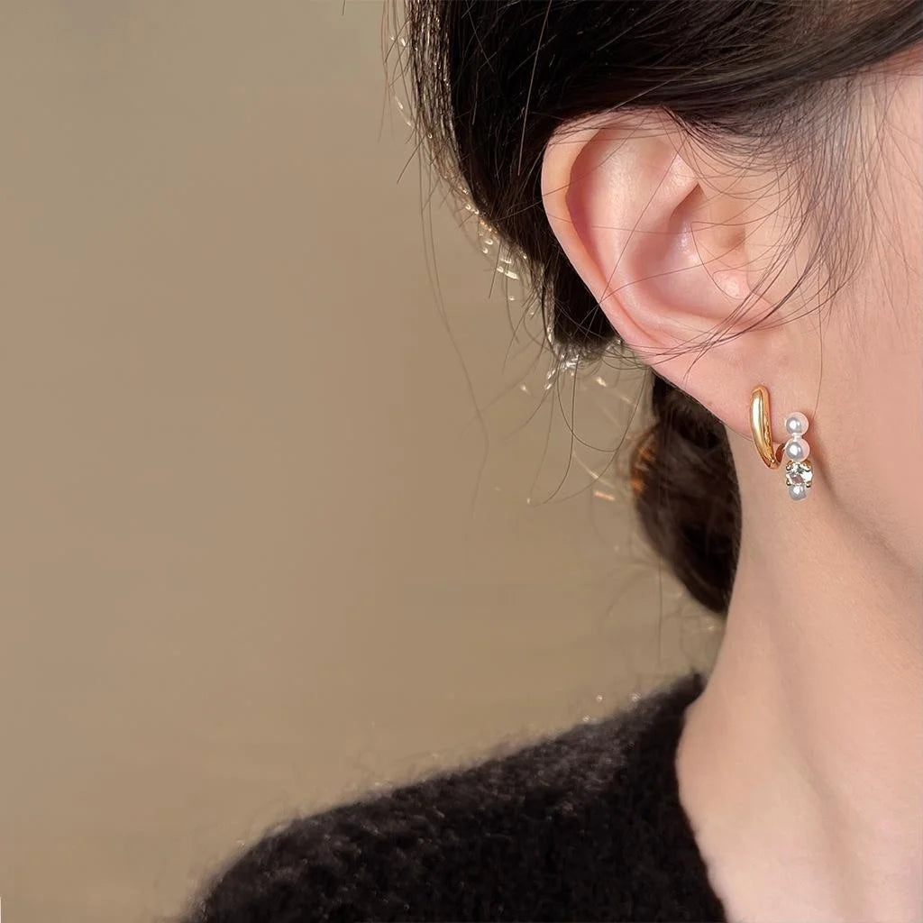 14K Gold Plated Copper Micro Pave Zircon Pearl Stud Earrings U Shape Geometric Minimalist Jewelry