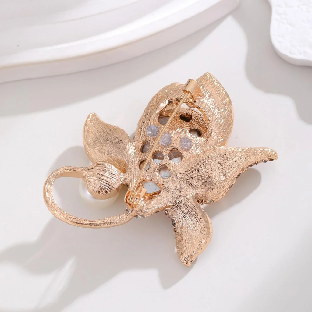 Elegant Vintage Orchid Flower Brooch With Crystal Rhinestones And Pearl, Luxury Copper Alloy Lapel Pin Gift