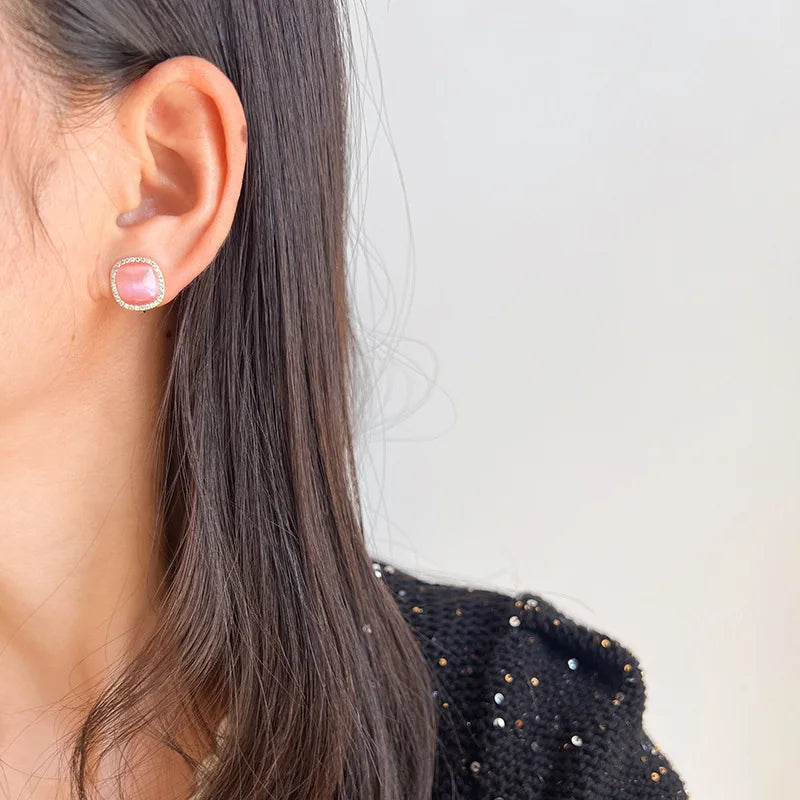 Elegant Pink Cat Eye Square Zircon Halo Stud & Clip On No Piercing Women's Fashion Earrings