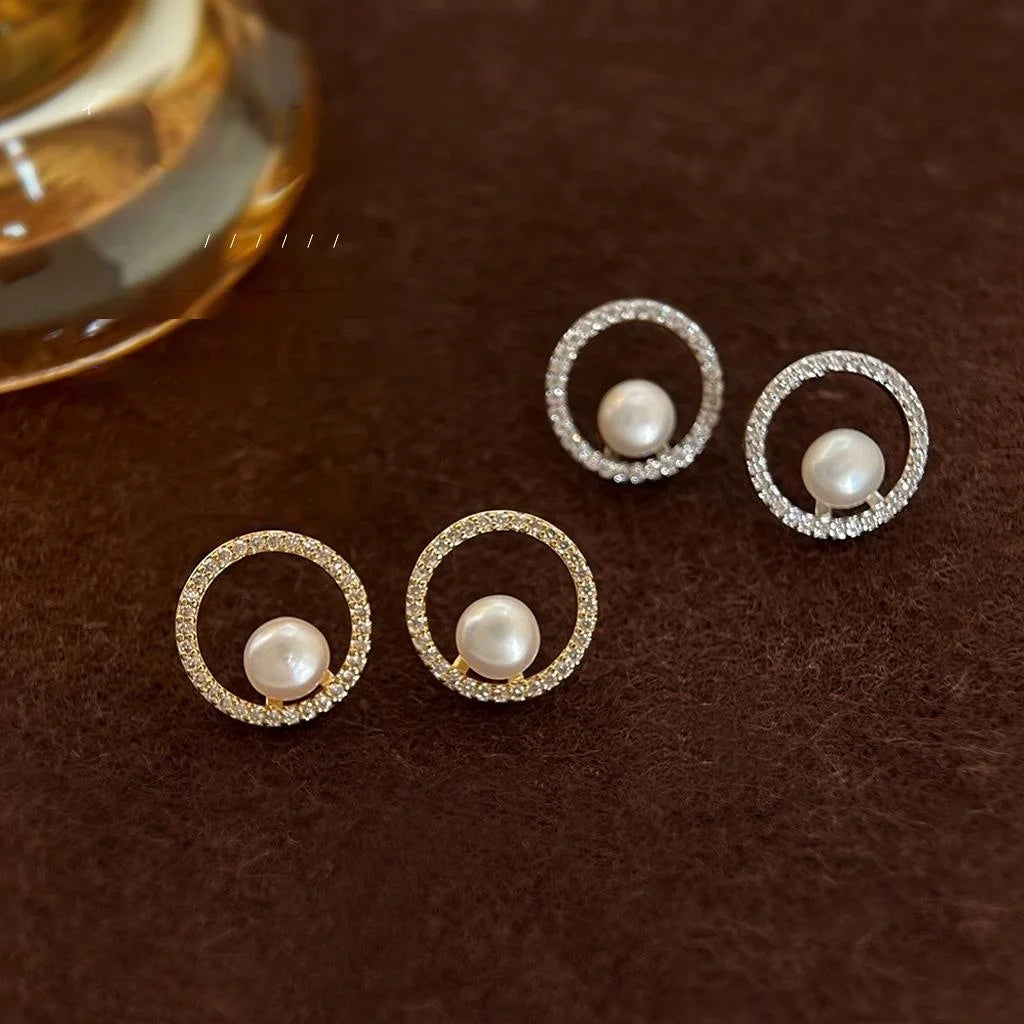 Freshwater Pearl Copper Stud Earrings Micro Pave Zircon Geometric Round Hollow Line Jewelry
