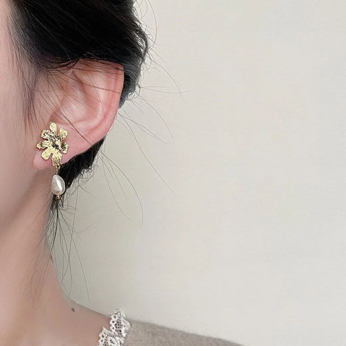 Vintage Baroque Freshwater Pearl Drop Earrings Copper Asymmetric Floral Geometric Jewelry