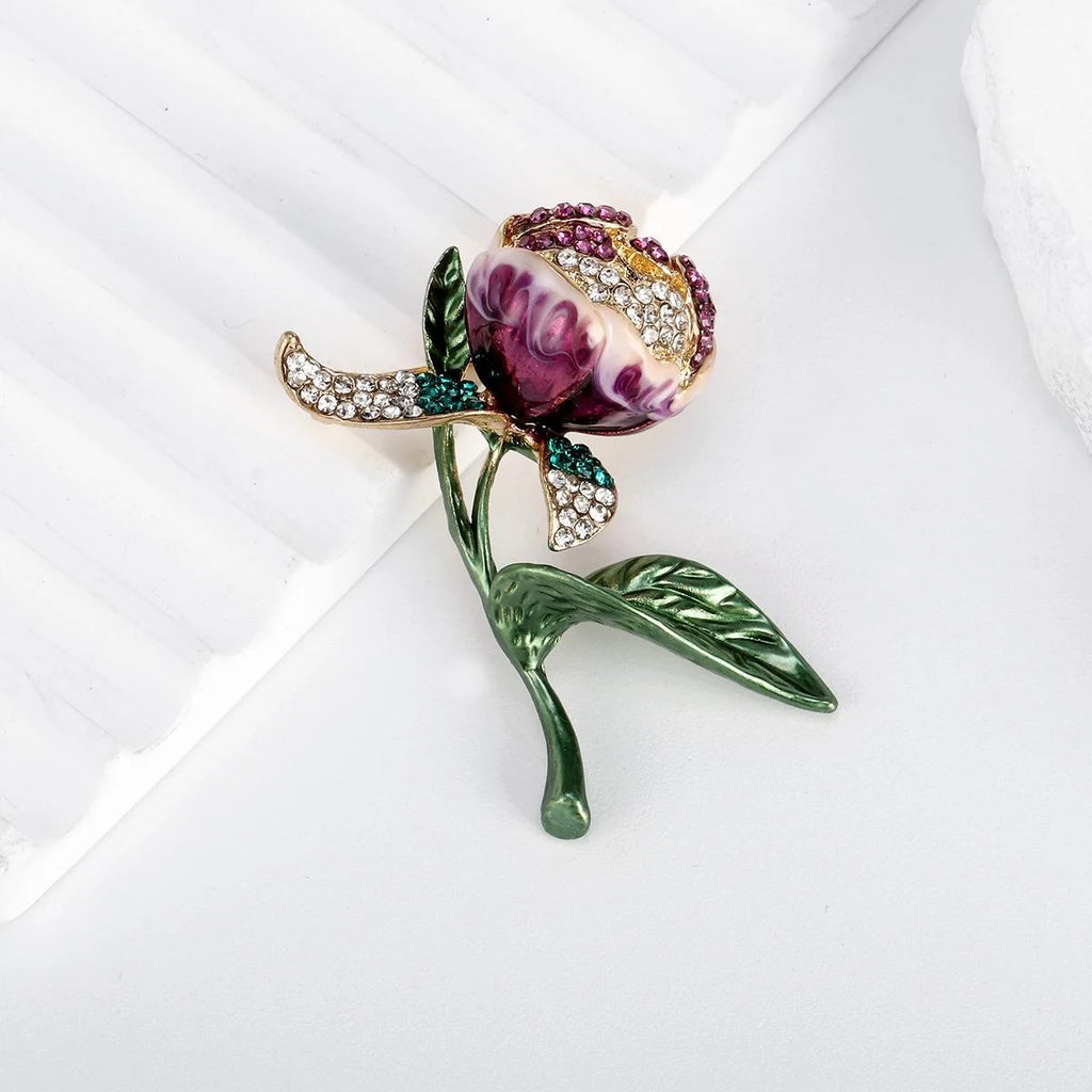 Elegant Purple Enamel Tulip Flower Brooch With Rhinestone Leaves, Women's Lapel Pin Suit Accessory Gift