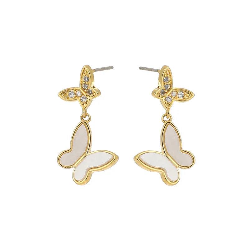 Elegant Rhinestone Enamel Butterfly Drop Stud & Clip On No Piercing Gold Alloy Women's Earrings