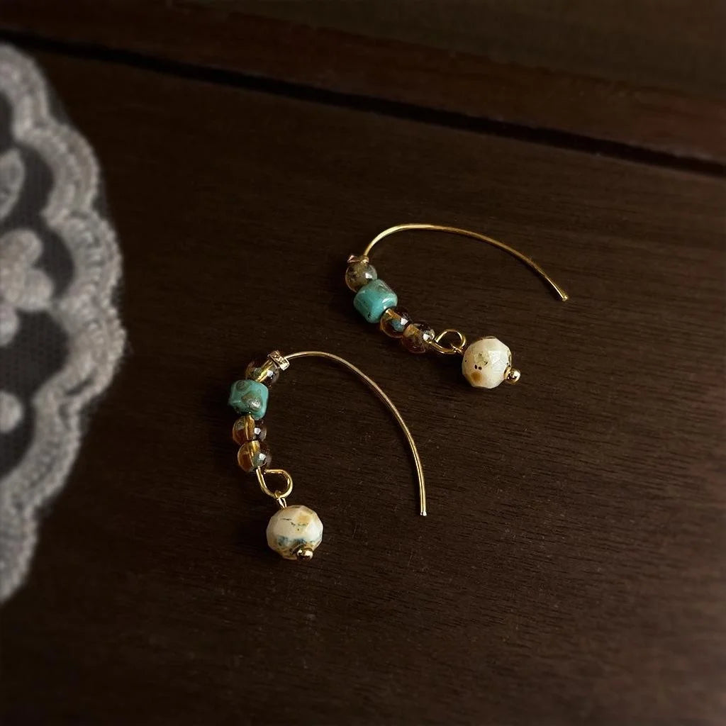 Vintage Liuli Glass Geometric Drop Earrings For Women, Round Square Minimal Commuter Jewelry