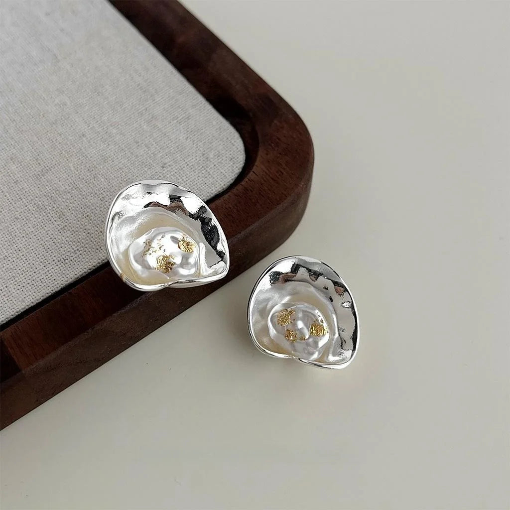 Designer Geometric Ruffle Copper High Gloss Pearl Drop Earrings Premium Sweet Cool Style