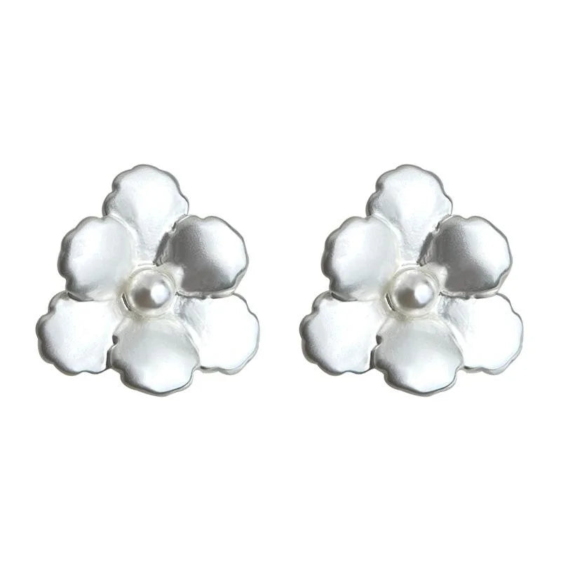 Matte Silver Plated Copper 3D Iris Flower Stud Earrings, Sweet Minimalist Style