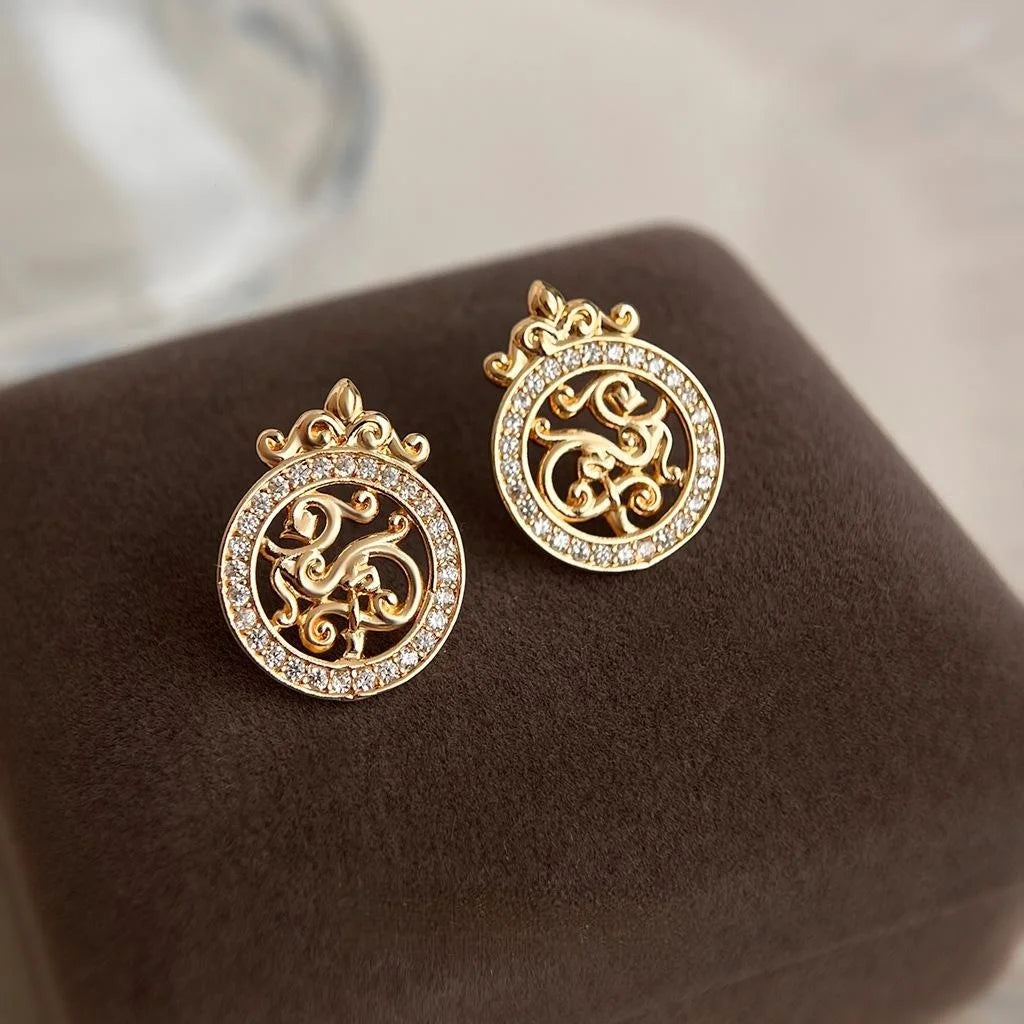 Old Money Style Micro Pave Zircon Geometric Auspicious Pattern Copper Stud Earrings