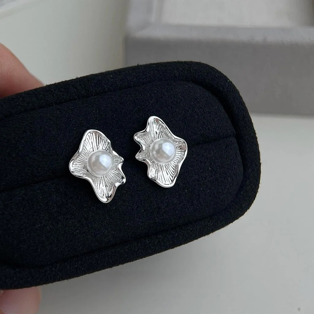 Minimalist Irregular Ruffle Leaf Glass Pearl Copper Stud Earrings Artistic Chic Jewelry