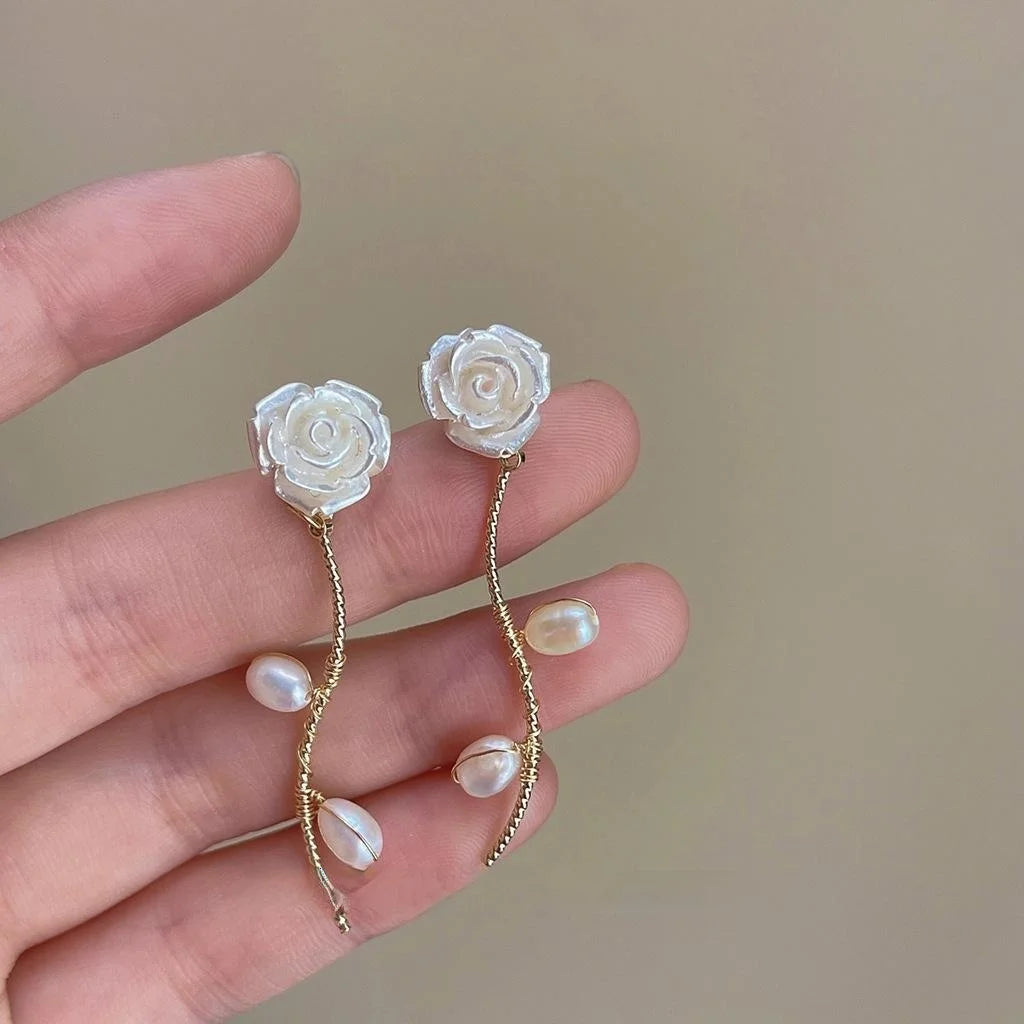 Sweet Floral Freshwater Pearl 14K Plated Copper Tassel Stud Earrings For Women