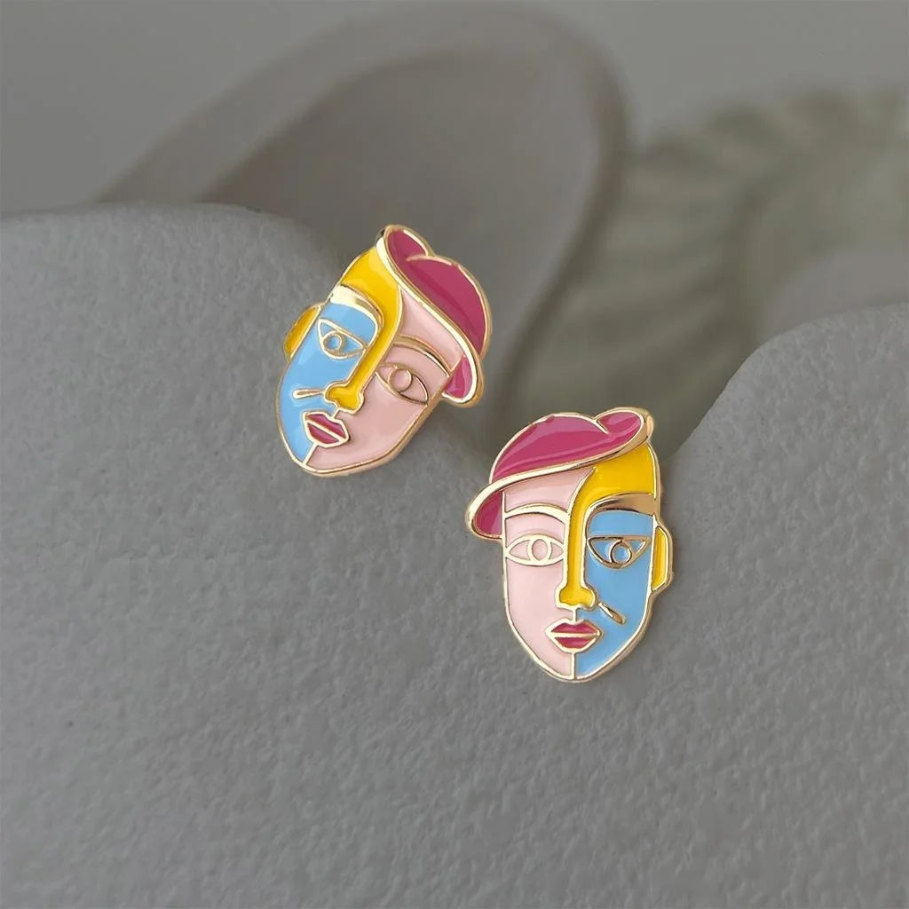 Hand Painted Cartoon Portrait Geometric Eco-Friendly Copper Stud Earrings Niche Designer
