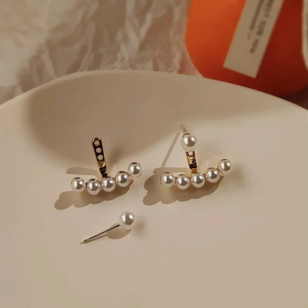 Korean Style Alloy Pearl Stud Earrings Silver Plated Pin Geometric Line Two Way Jewelry