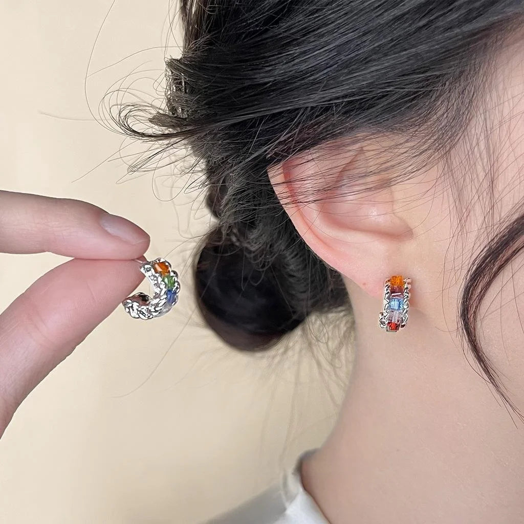 Sweet Cool Candy Color Glass Crystal C-Shaped Hoop Earrings For Women