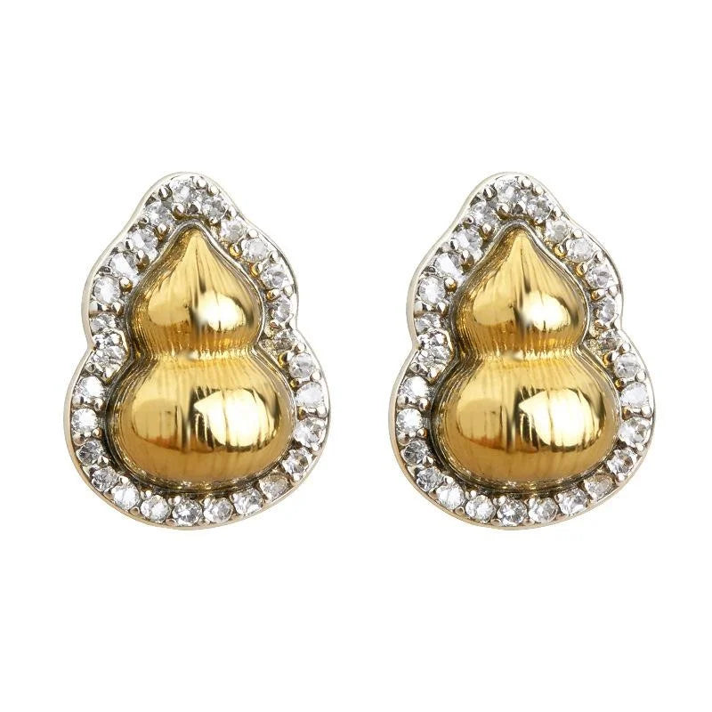 Two Tone Micro Pave Zircon Gourd Stud Earrings, Silver Plated Copper Light Luxury Jewelry