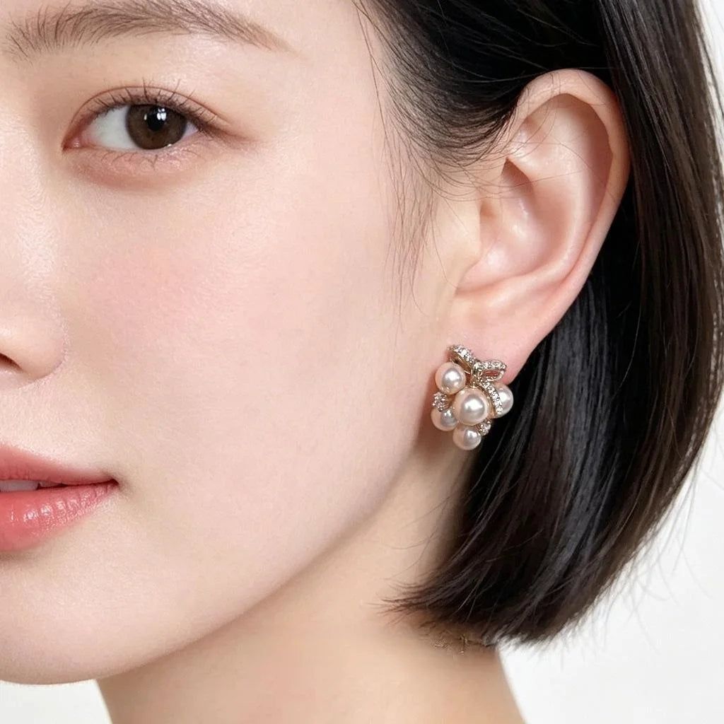 Light Luxury Coffee Gold Pearl Grape Cluster Zircon Micro Pave Stud Earrings For Women