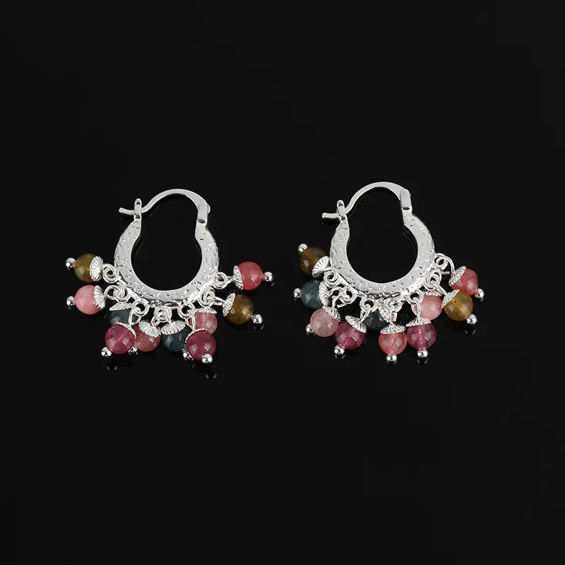 Vintage Crescent Hoop Natural Stone Beaded Alloy Stud & Clip On No Piercing Handmade Earrings