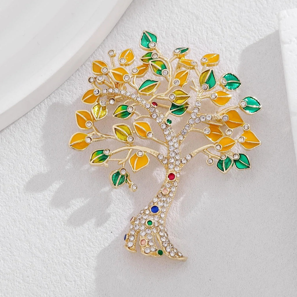 Luxury Enamel Money Tree Brooch With Rhinestone Branches, Elegant Colorful Leaf Lapel Pin Gift