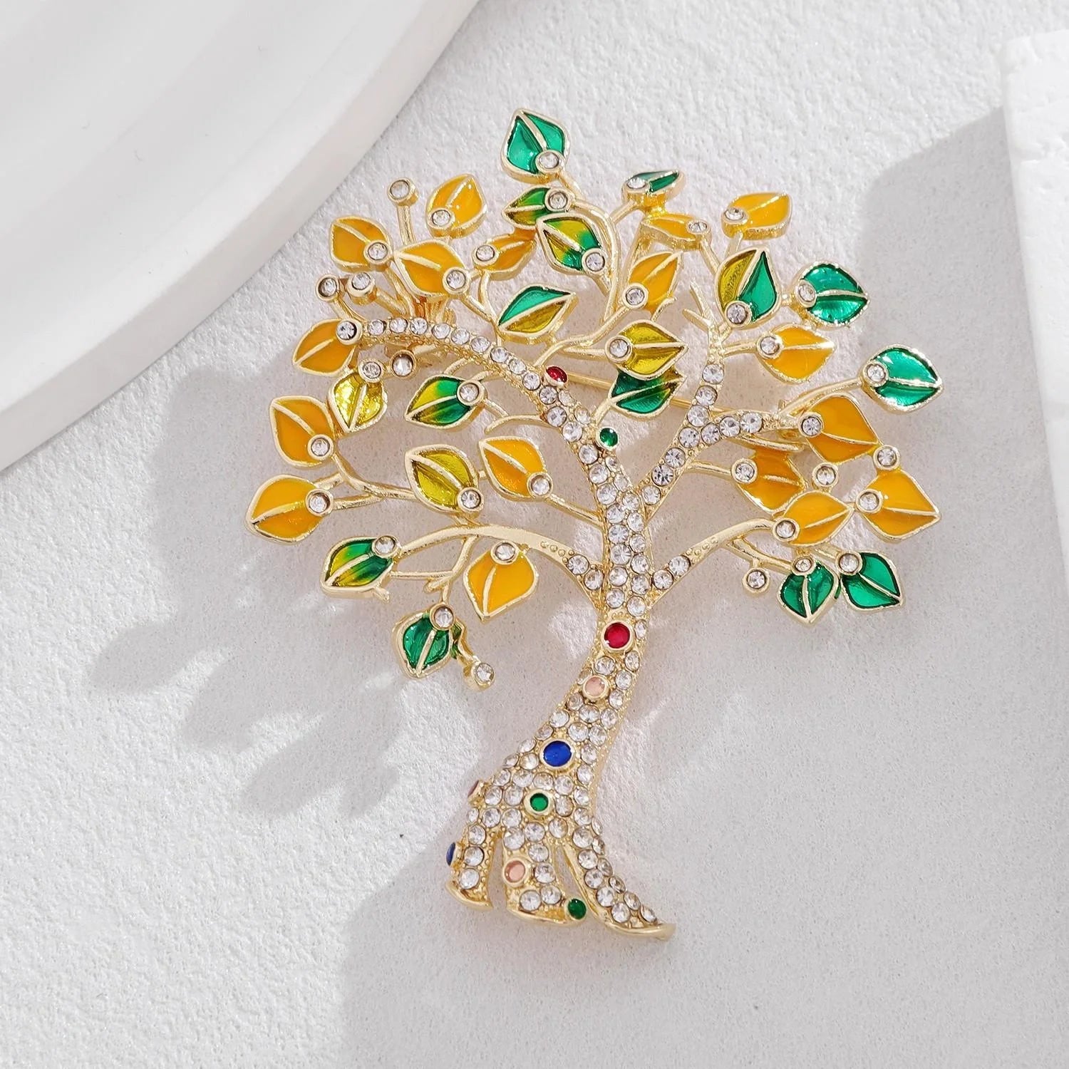 Luxury Enamel Money Tree Brooch With Rhinestone Branches, Elegant Colorful Leaf Lapel Pin Gift