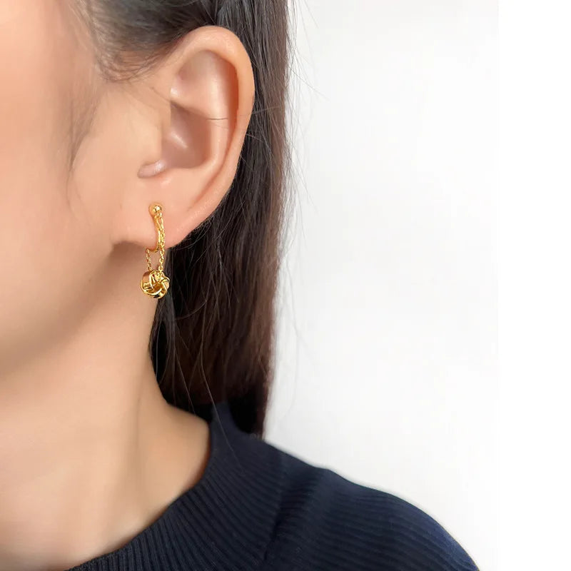 Elegant Gold Alloy Ball Chain Tassel Spiral Disc Stud & Clip On No Piercing French Drop Earrings