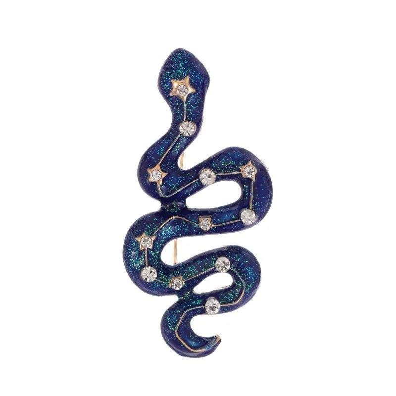Luxury Blue Enamel Snake Brooch With Rhinestone Stars, Statement Animal Lapel Pin Suit Accessory Gift