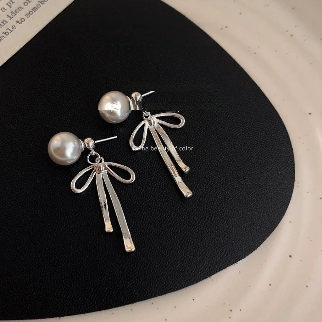 Niche Designer Bow Pearl Drop Earrings Copper Two Way Wear Fashion Jewelry