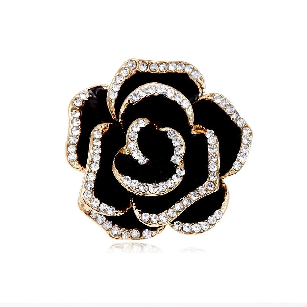 Elegant Black Enamel Camellia Flower Brooch With Rhinestones, Gold Alloy Lapel Pin Suit Accessory
