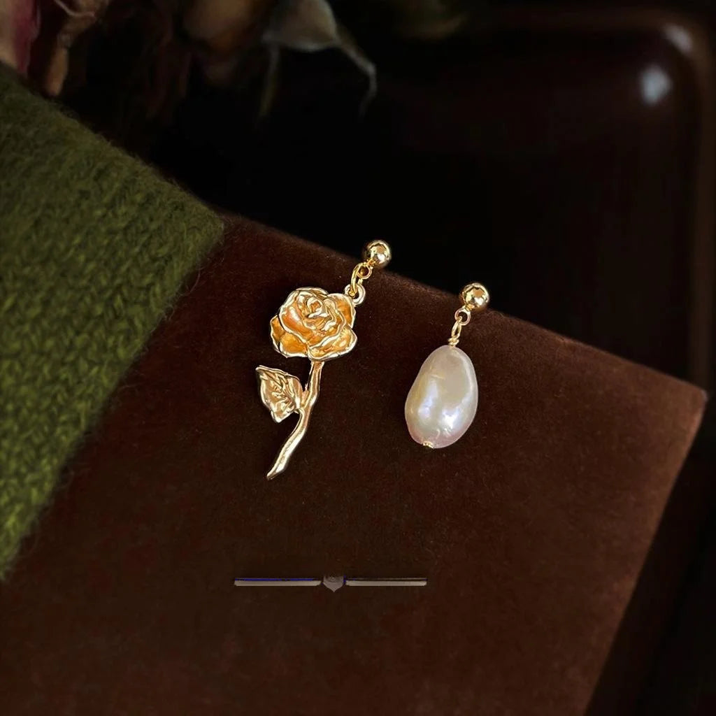 Baroque Freshwater Pearl Rose Flower Stud Earrings, Asymmetric French Vintage Copper