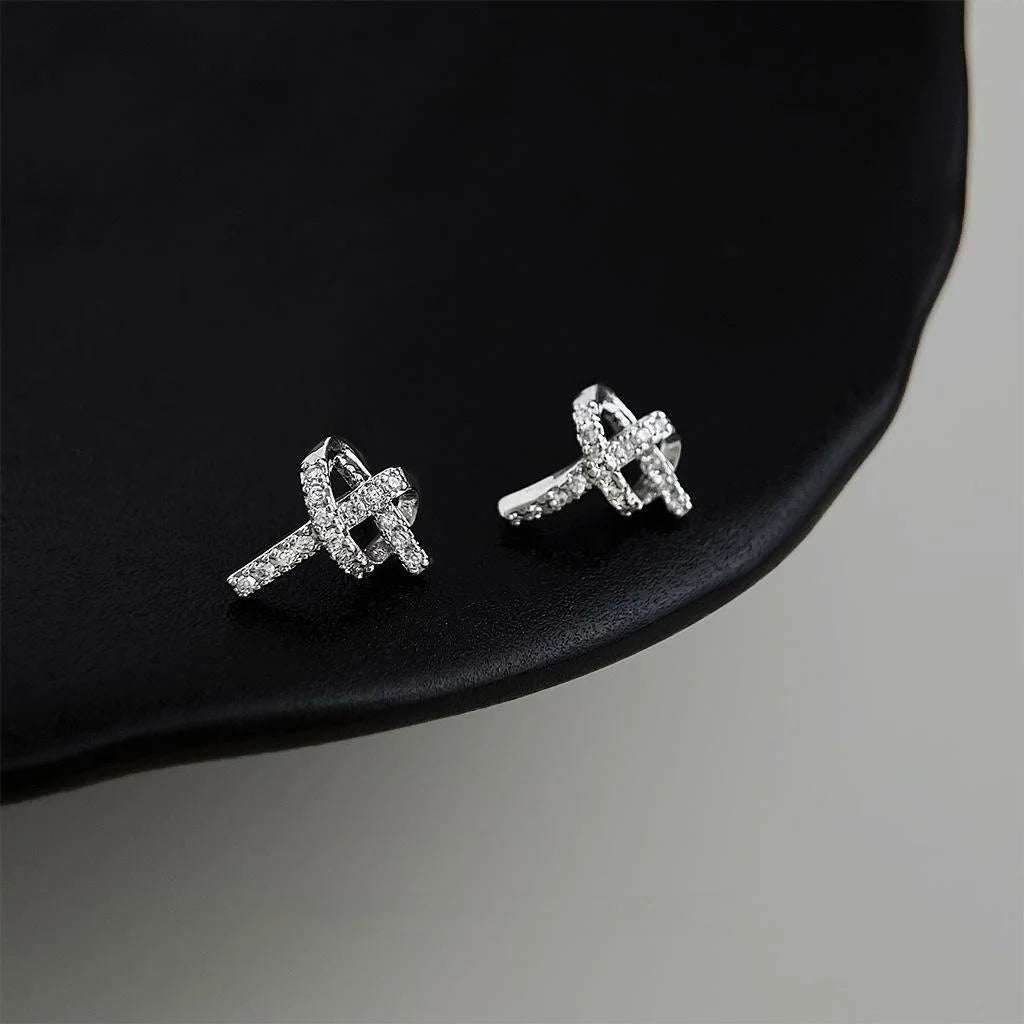 Copper Micro Pave Zircon Silver Plated Rope Knot Stud Earrings Irregular Geometric Chic Jewelry
