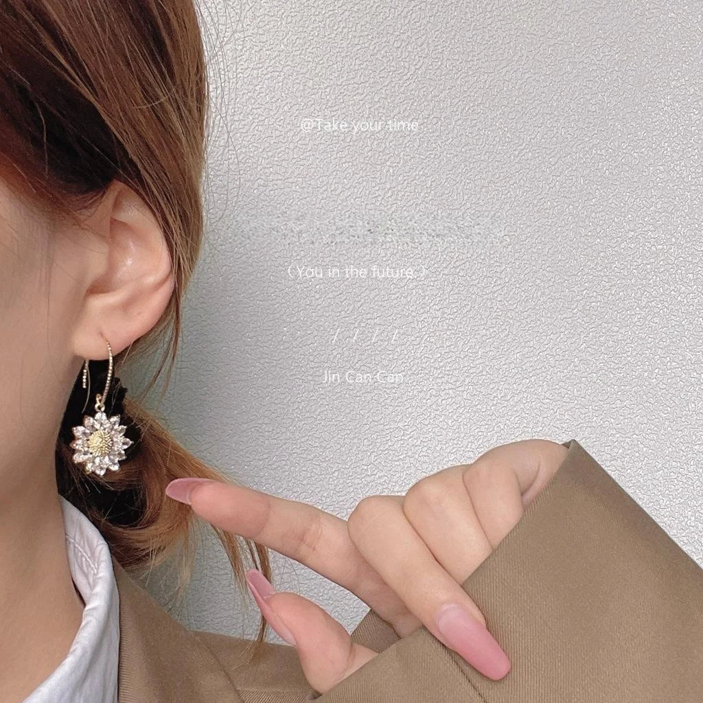 14K Gold Plated Sunflower Pearl Drop Earrings With Micro Pave Zircon, French Fashion OL Floral Jewelry