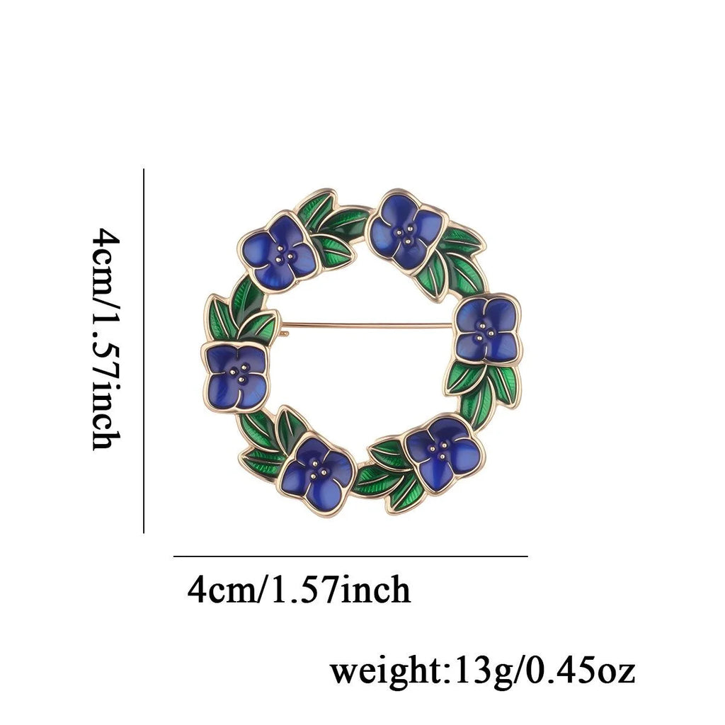 Vintage Alloy Enamel Floral Wreath Brooch With Red Flowers Green Leaves, Elegant Lapel Pin Suit Accessory Gift