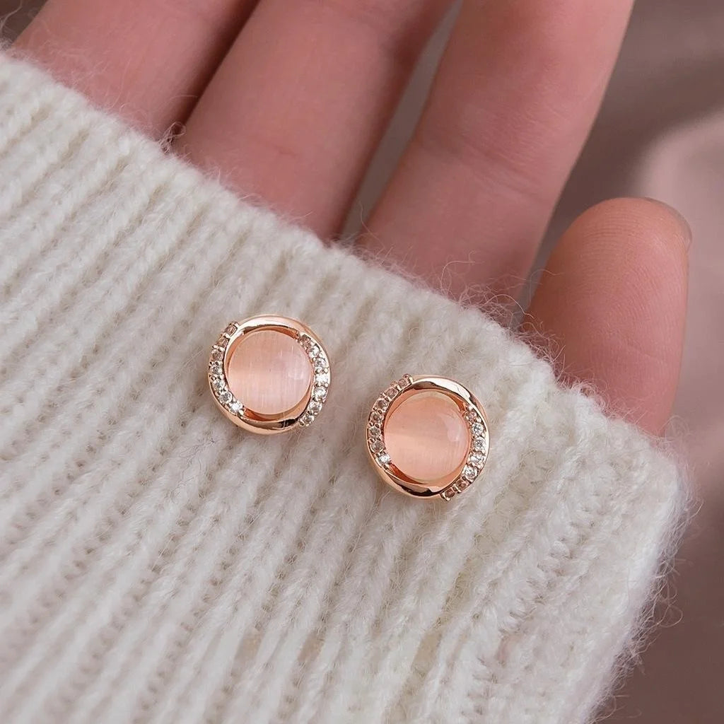 Rose Gold Plated Copper Round Glass Cat Eye Stone Zircon Micro Pave Minimalist Stud Earrings