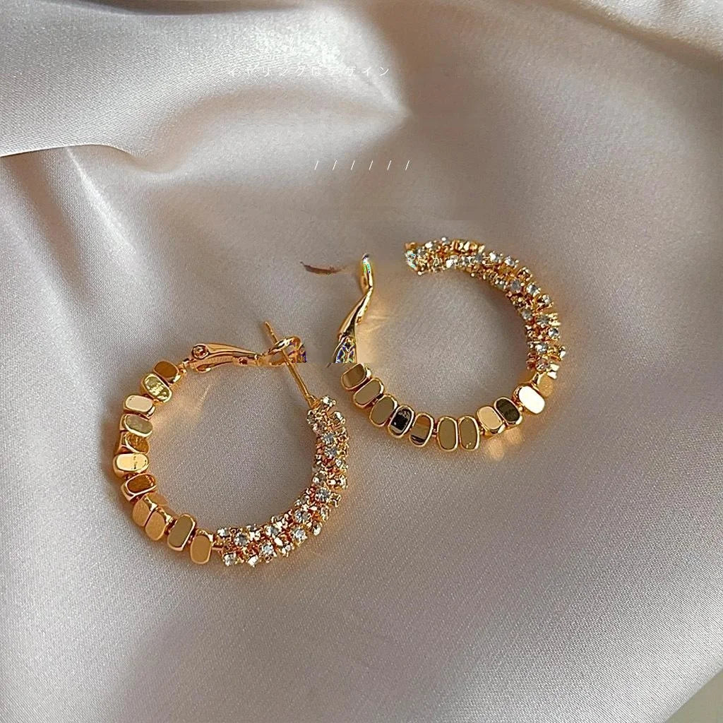 14K Gold Plated Copper Rhinestone Round Geometric Drop Earrings Light Luxury Fashion Jewelry