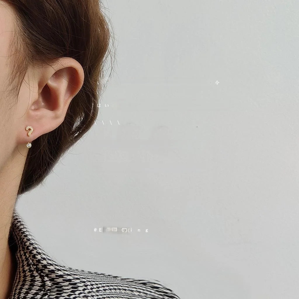 Mini Micro Pave Zircon Silver Plated Copper Question Mark Stud Earrings Cute Minimalist Jewelry