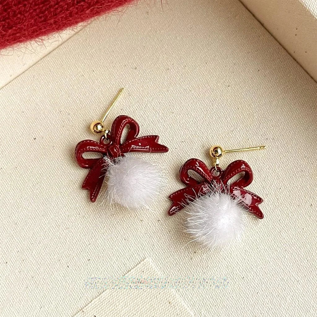 2025 Winter Burgundy Bow Pom Pom Drop Earrings Sweet Vintage Metal Fashion Jewelry