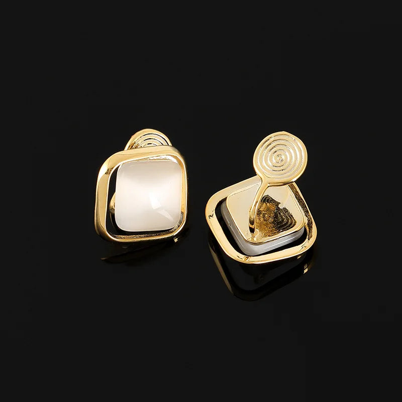 Elegant Luxury Square Cat Eye Stone Gold Alloy Stud & Clip On No Piercing Geometric Earrings