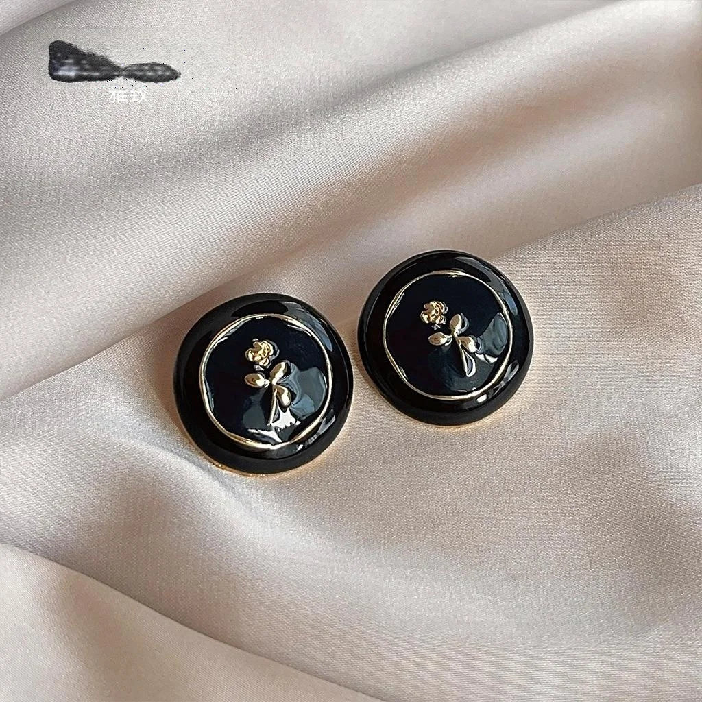 Vintage Black Gold Copper Round Stud Earrings With Enamel Rose Geometric French Style
