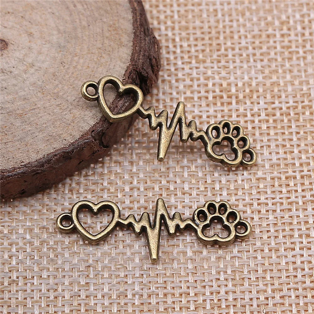 12x34mm 1.4g Multicolor Zinc Alloy Heart Paw ECG Dog Connector Charm for DIY Bracelet Jewelry Making