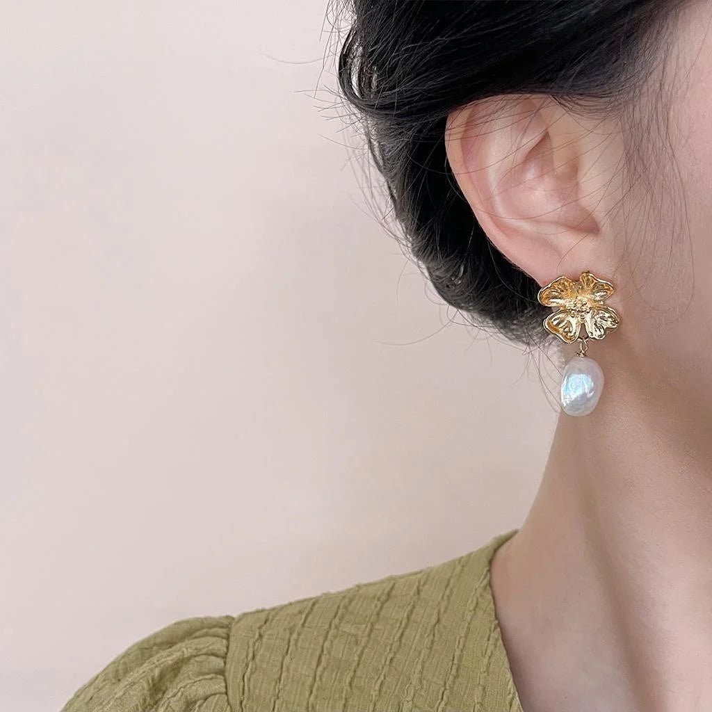 14K Gold Plated Copper Irregular Baroque Freshwater Pearl Flower Drop Earrings