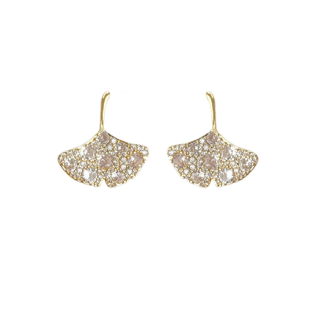 Light Luxury Micro Pave Zircon Ginkgo Leaf Copper Stud Earrings Elegant Floral Jewelry