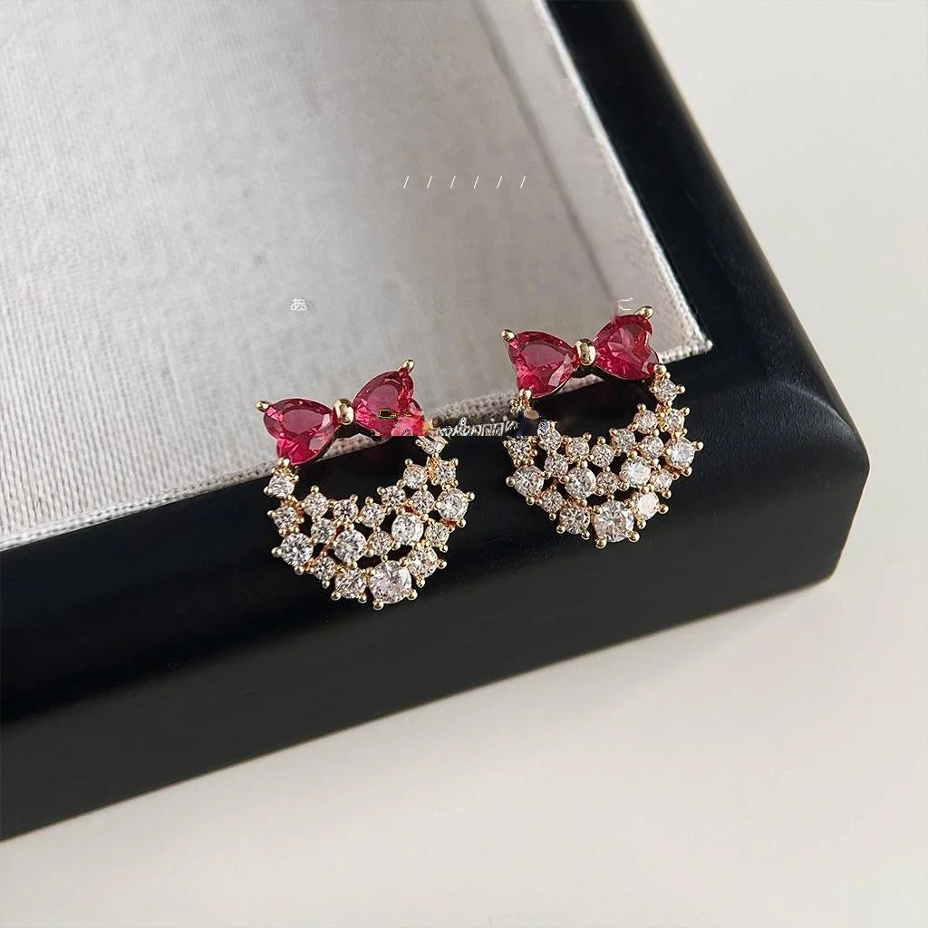Sweet Princess Copper Micro Pave Zircon Bow Handbag Stud Earrings Rose Red Luxury Jewelry