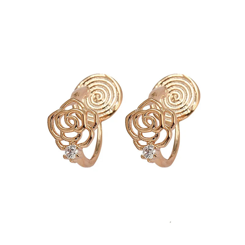Elegant Gold Tone Alloy Rose Flower Spiral Disc Zircon Stud & Clip On No Piercing Small Hoop Earrings