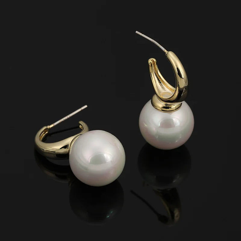Elegant Gold Alloy Hoop With Round Pearl Drop Stud & Clip On No Piercing Korean Minimalist Earrings