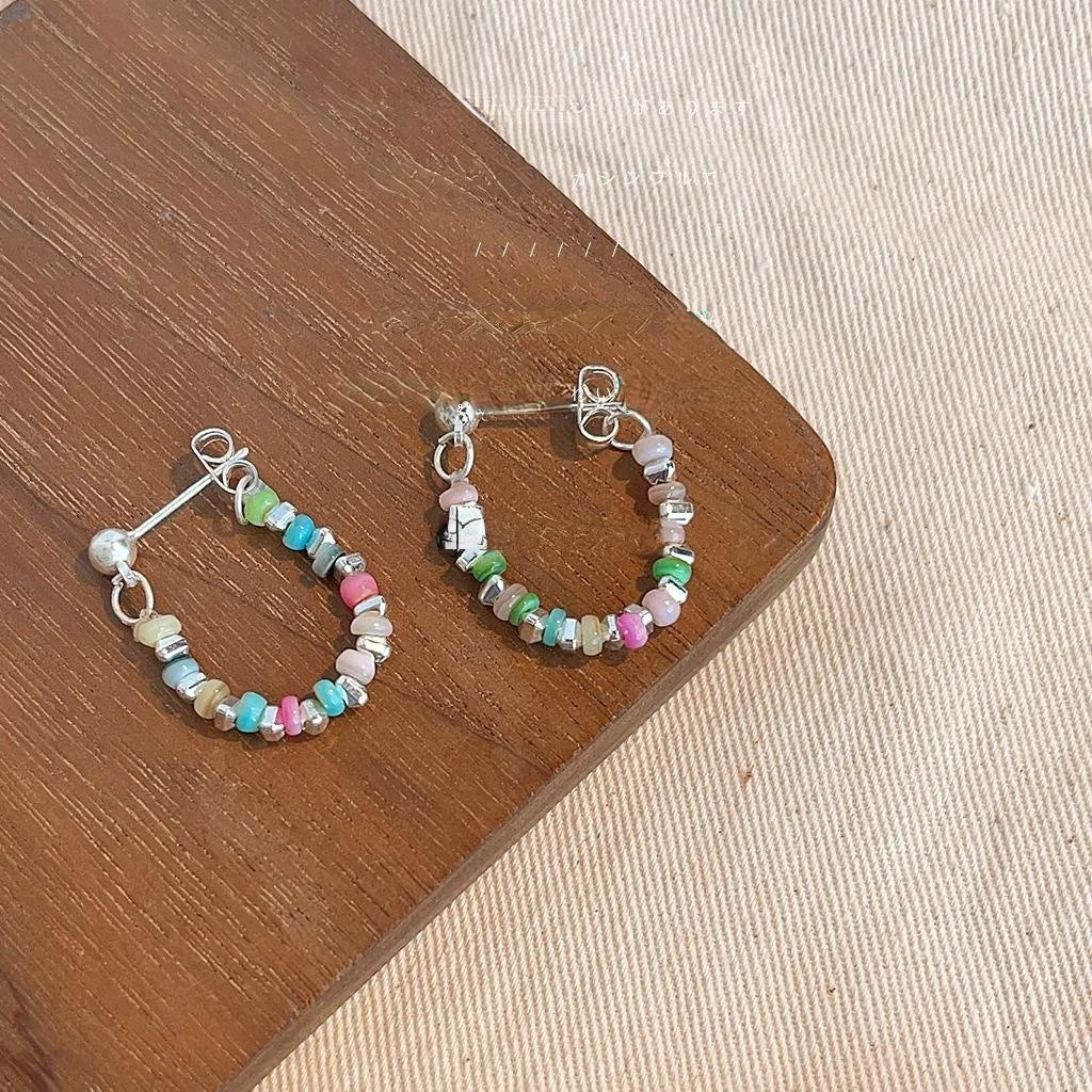 Dopamine Colorful Rice Bead Hoop Stud Earrings Sweet Handmade Copper Jewelry