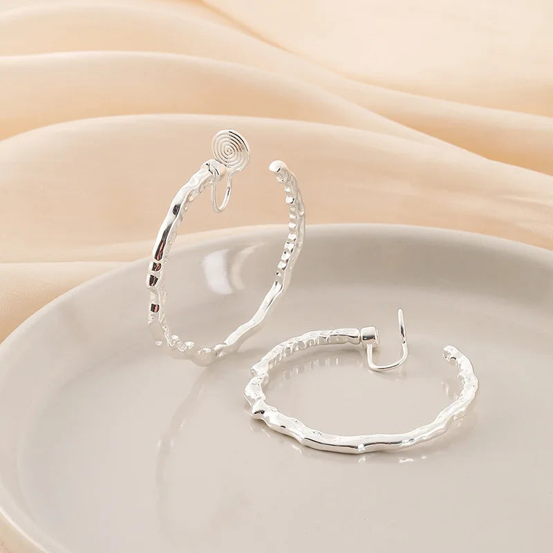 Elegant Silver Alloy Irregular Round Hoop Spiral Disc Stud & Clip On No Piercing Statement Earrings