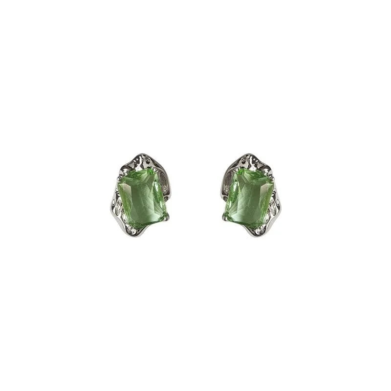 Fresh Grass Green Zircon Micro Pave Eco Copper Liquid Metal Irregular Geometric Stud Earrings