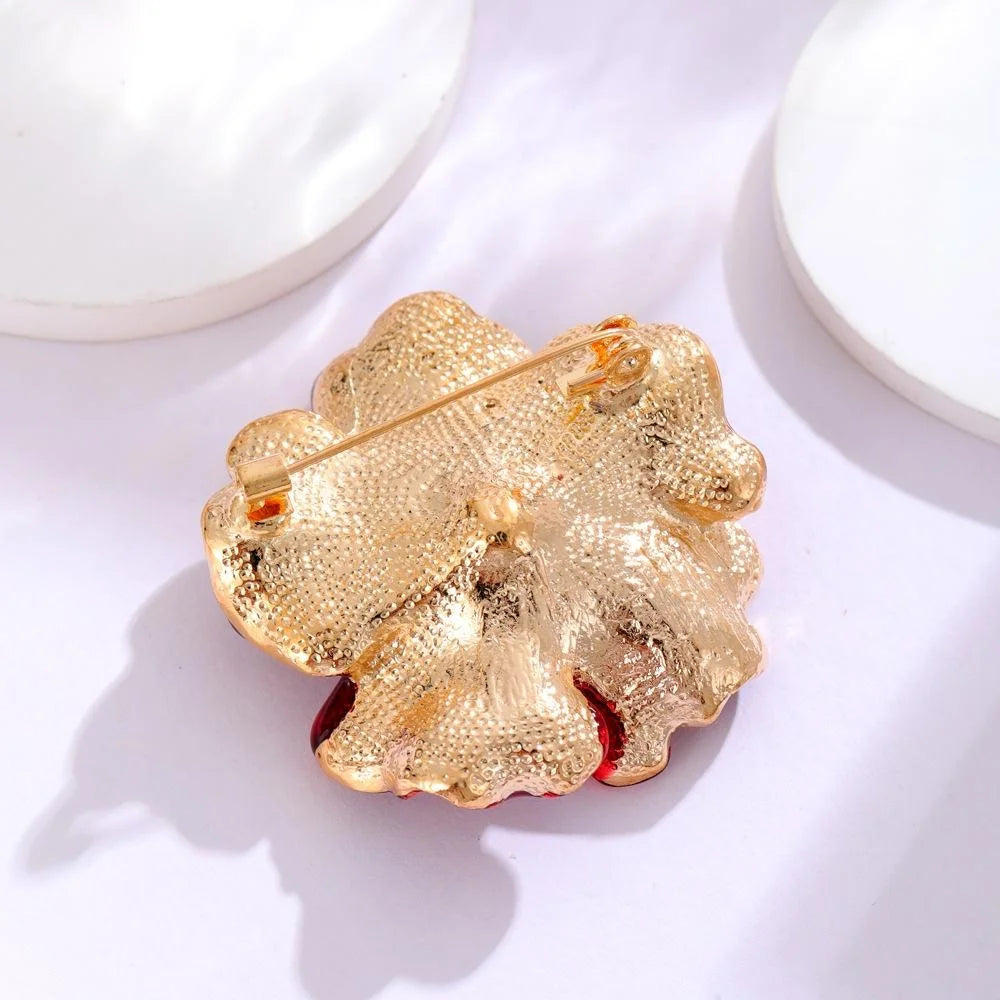 Elegant Red Enamel Peony Flower Brooch With Pearl And Rhinestones, Women's Lapel Pin Suit Accessory