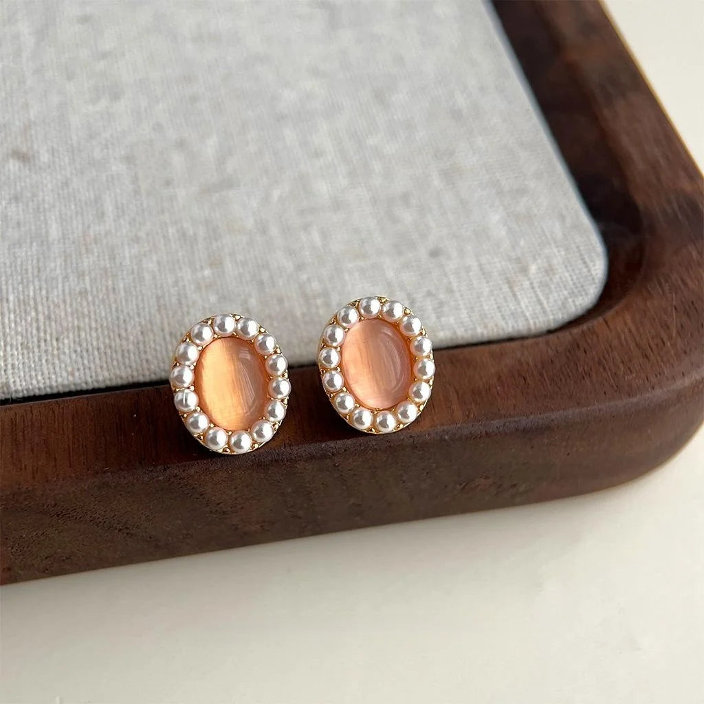 French Vintage 14K Plated Oval Glass Cat Eye Pearl Geometric Stud Earrings For Women