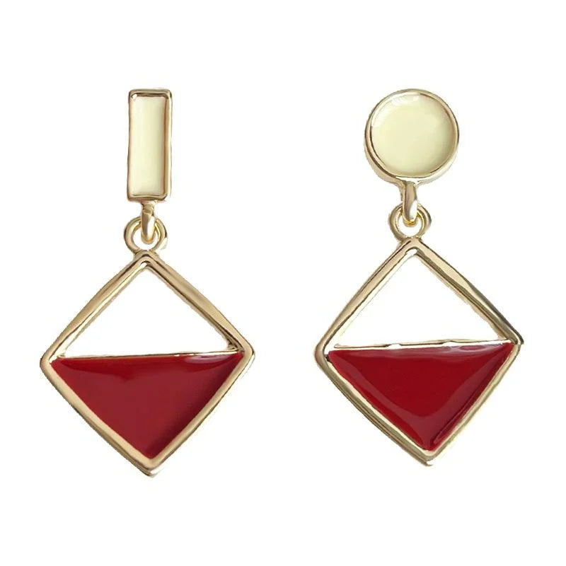 14K Gold Plated Red Contrast Square Geometric Hong Kong Retro Drop Earrings