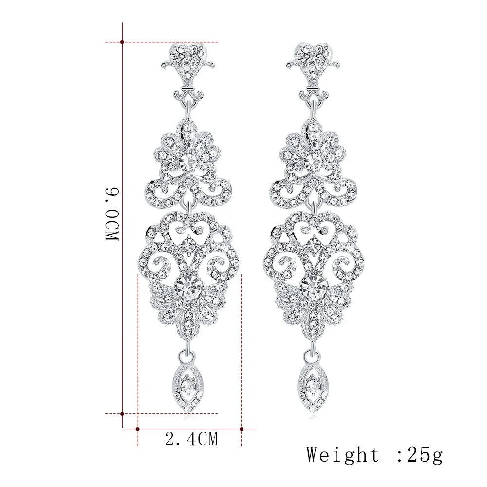 Luxury Silver Tone Rhinestone Filigree Teardrop Chandelier Earrings For Wedding Party Banquet Gift