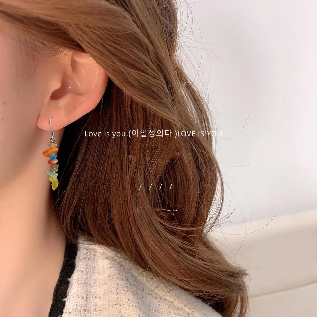 Sweet Geometric Glass Cat Eye Stone Tassel Drop Earrings With Silver Plated Pins